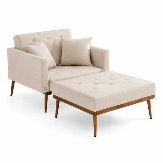 Sessel mit Hocker aus Holz und Polyester in Beige