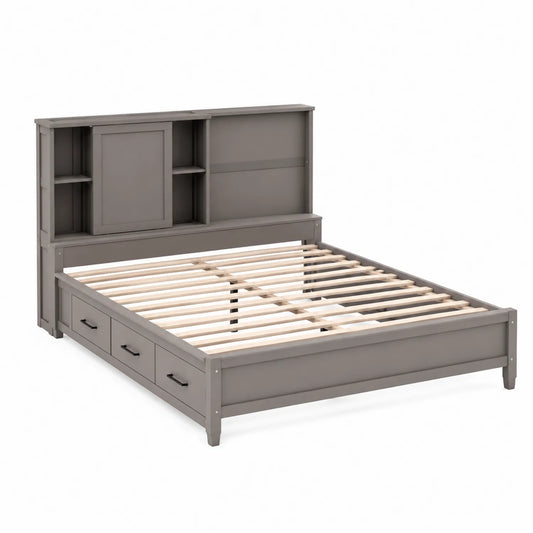 Holzbett mit Stauraum und Regal-Kopfteil in Grau 200x160 cm